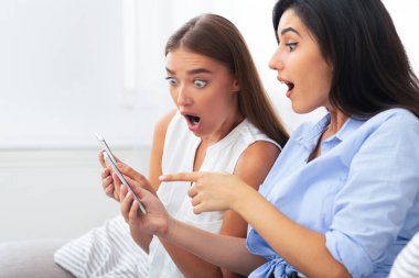 İki Amazed Girls Kanepede Kapalı Oturan Şok Edici Haberler Okuma Smartphone Üzerinden Tarama. Omg Kavramı