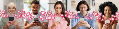 Beş farklı insan, bir Müslüman kadın, bir siyah adam, gözlüklü bir kadın, bir genç adam ve bir siyah kadın, hepsi akıllı telefonlarına bakarken gülümsüyorlar. Telefonlar kırmızı kalp ikonlarıyla çevrili.
