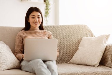 Modern İş Yaşam Tarzı. Evde Kanepede Oturan Genç Kız Laptop Online Çalışma, İnternet, Boş Alan Kullanma