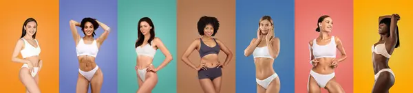 stock image Seven multiethnic women of different body types pose in white lingerie against a backdrop of vibrant colors, showcasing their confidence and individuality.