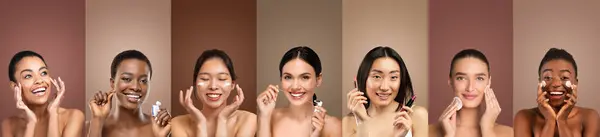 stock image Seven multiethnic women shown applying various skincare products to their faces while smiling at the camera. The women stand in front of a neutral background, creating a clean and focused image.