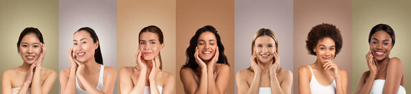 Seven women with diverse skin tones and hairstyles smile and touch their faces. They are positioned against individual colored backdrops. Each woman is dressed in a white tank top.