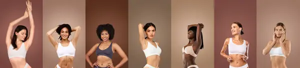 stock image Six multiethnic women standing in a studio setting, each posing in a white sports bra, showcasing a variety of body types and skin tones. They are smiling and looking confident