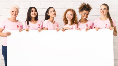 Meme Kanseri Kavramı. Tuğla Duvar üzerinde boş beyaz tahta tutan pembe t-shirt farklı yaş çok ırklı kadınlar. Mockup