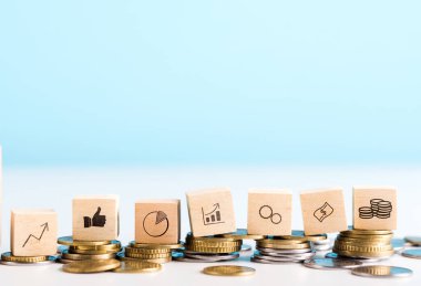 2020 konsepti. Hükümet ekonomisi gelişiyor. Sikkeler, dolar, gerçek para, panorama, kopyalama alanı üzerinde döşeme grafikleri ile ahşap bloklar