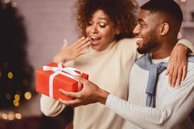 Sürpriz siyahi kadın kocasından Noel hediyesi alıyor, tatilleri evde birlikte kutluyorlar.