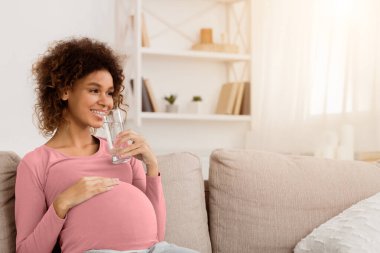 Su dengesi. Hamile kadın su içiyor, evdeki kanepede dinleniyor, boş bir yer.