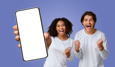 Çok ırklı bir çift, boş ekranlı akıllı telefona bakarken başarılarını kutluyor. Kadın, telefonu tam önünde tutuyordu. Gülümseyen ve yumruklarını havaya kaldıran adam.