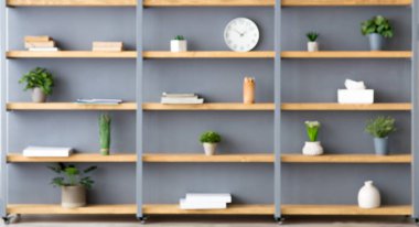 Salon, ofis ve basit bir iç mekan. Saksıda, aksesuarlarda, dekor elementlerinde ve gri duvar arkaplanındaki gri duvar arkaplanlı raflar dairede, düzlükte, kopyalama alanında, hiç kimse