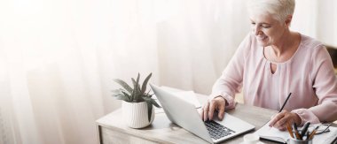 Olgun çalışan bayan notlar yapma, dizüstü bilgisayar kullanma, onun gün planlama, üst görünüm, kopyalama alanı