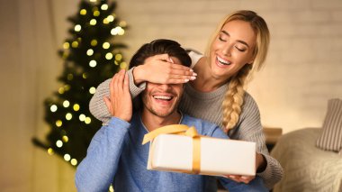 Xmas sürprizi. Sevgi dolu kadın kocasına hediye veriyor, gözlerini arkadan kapatıyor.