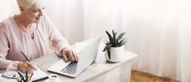 Olgun çalışan bayan notlar alıyor, dizüstü bilgisayar kullanıyor, gününü planlıyor, kesilmiş, kopyalama alanı