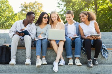Group of international cheerful students using laptop at park, sitting on stairs