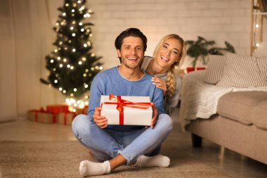 Romantik genç çift Noel ağacına karşı oturuyor, elinde hediye kutusu olan adam.
