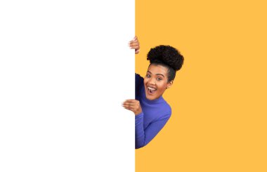 Kıvırcık saçlı neşeli genç bir kadın boş beyaz reklam duvarını inceliyor. İfadesi canlı ve ilgi çekici. Canlı bir stüdyo ortamında neşeli bir anı yakalıyor..