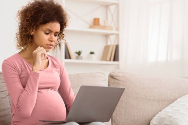Düşünceli hamile kadın dizüstü bilgisayar kullanıyor, uzaktan çalışıyor ya da internette sörf yapıyor.