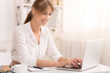 Gülümseyen İş Kadını Modern Ofiste Çalışan Dizüstü bilgisayarını kullanıyor. Başarılı Kariyer Konsepti