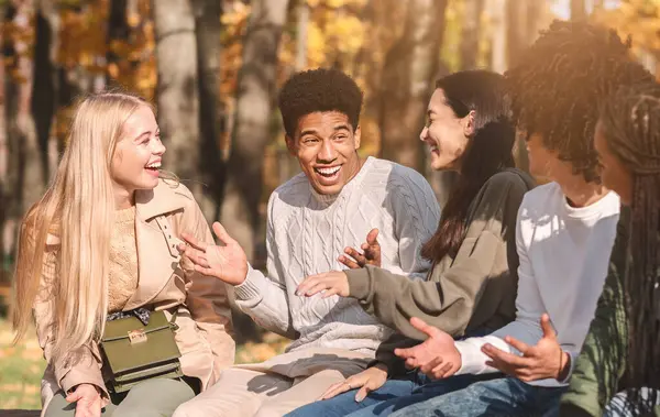 Bir grup mutlu uluslararası genç parkta konuşuyor ve gülüyor. Kapatın.
