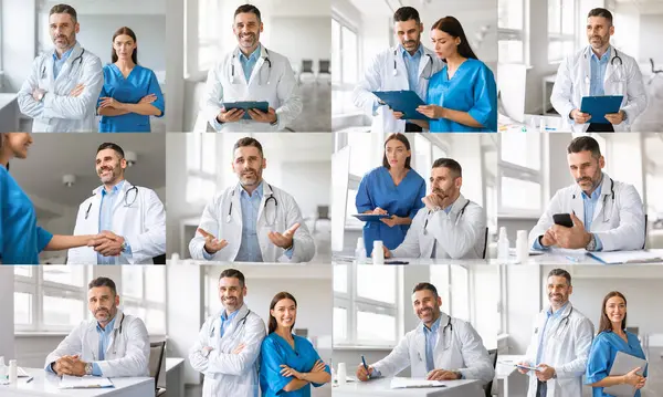 stock image A collage of 12 photos showcasing various medical professionals working in a modern clinic. The photos feature doctors and nurses in white coats and scrubs engaged in various activities