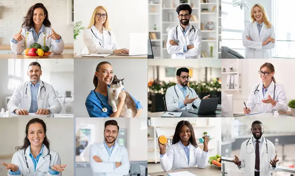 stock image A diverse group of medical professionals are participating in a virtual meeting. They are all wearing white coats, and some are holding medical supplies or instruments.