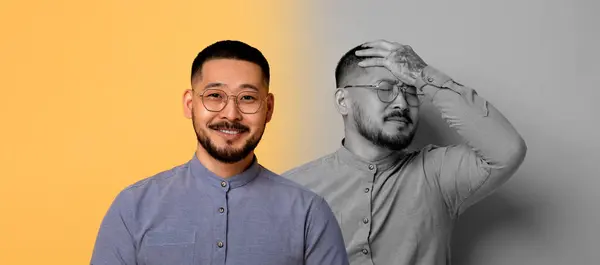 Stock image Asian man stands in front of a dual-toned backdrop, showcasing two contrasting expressions. One side reveals a bright smile, while the other depicts a hand on his forehead, reflecting stress