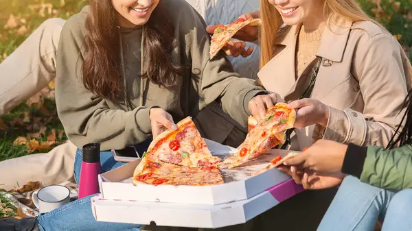 Aç çoklu etnik kökenli genç arkadaşlar halka açık parkta pizza yiyorlar, arkadaş kavramı ile zaman geçiriyorlar.