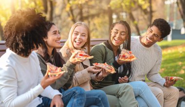 Neşeli uluslararası öğrenciler parkta mola veriyorlar, pizza yiyorlar, panorama