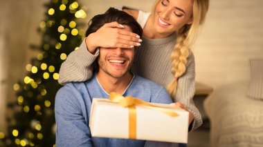 Mutlu bir kadın Noel hediyesiyle kocasını şaşırtıyor, evde birlikte vakit geçiriyor.