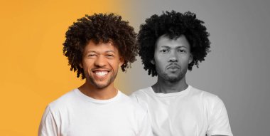 Black man smiling brightly while wearing a white shirt. He stands confidently against a vibrant yellow backdrop, showcasing a striking contrast with a monochrome version of himself. clipart