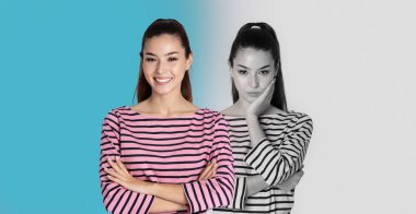 Genç bir kadın güven içinde kollarını kavuşturmuş, parlak bir şekilde gülümsüyor ve şüpheli bir şekilde bakıyor. Sıradan çizgili bir bluz giyiyor, iki tonlu bir arka plana karşı canlı bir kontrast oluşturuyor..