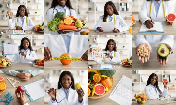 stock image A young African American nutritionist doctor explains healthy eating habits to a patient. The doctor is wearing a white coat and has a friendly and professional demeanor.