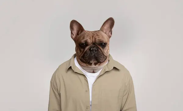 stock image A French Bulldog dressed in a khaki button down shirt with a white t-shirt underneath is shown looking directly at the camera with a serious expression. The dog is in a light gray background.