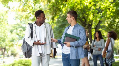 İki uluslararası öğrenci halk parkında sohbet ediyor, ders çalışırken mola veriyorlar.