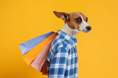 Mavi ekose gömlek giyen bir köpek sarı arka planda duruyor, sağa bakıyor. Köpek ağzında dört alışveriş torbası tutuyor, ikisi mavi, biri turuncu ve biri pembe..