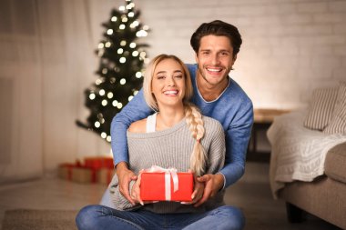 Noel ağacının önünde kameraya gülümseyen yerde oturan sevimli bir çift.