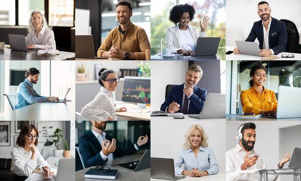 Группа разнообразных профессионалов участвует в виртуальных встречах из своих домашних офисов. Каждый человек активно участвует, демонстрируя различные проявления сотрудничества и общения.