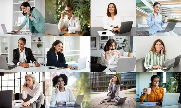 stock image A varied group of women interacts with technology while working remotely, showcasing their dedication and professional engagement. Some are on phone calls, others focus on their laptops