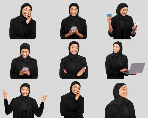 stock image A cheerful muslim woman dressed in black attire interacts with different electronic devices, showcasing ranges of emotions from excitement to contemplation.