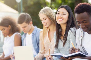 Zeki uluslararası öğrenciler, dizüstü bilgisayar ve not defterleri kullanarak parktaki final sınavlarına hazırlanıyorlar.