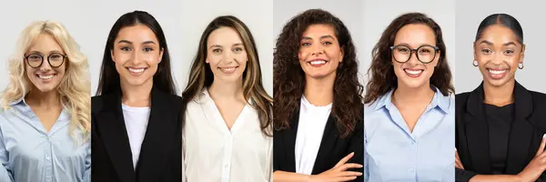 stock image A diverse group of professional women stands together, each wearing business attire and exhibiting confident smiles. This representation showcases individuals with various hair types and styles