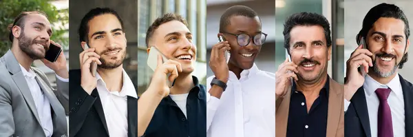 stock image A diverse group of men, each engaged in animated phone conversations, smiles as they connect with others. The setting is a contemporary urban environment featuring buildings and greenery