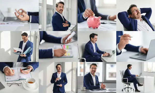 stock image A business professional is seen participating in multiple office tasks, showcasing his skills and demeanor in a modern workspace. He interacts with documents, uses a laptop