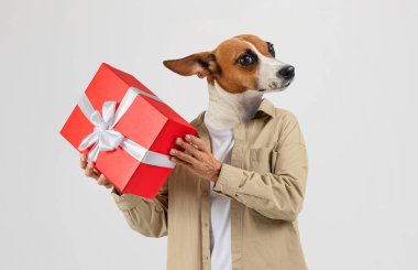 Köpek kafalı biri elinde beyaz kurdeleyle süslenmiş parlak kırmızı bir hediye kutusu tutuyor. Arka plan tarafsız, neşeli etkileşimi vurguluyor.