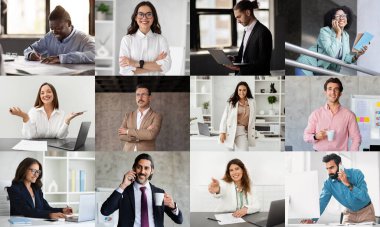 Çağdaş bir ofis ortamında çeşitli iş etkinliklerinde çeşitli profesyonellerden oluşan bir grup yakalanır. İşbirliği, konsantrasyon, profesyonellik, benzersiz rollerini sergilemek