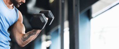 Kas sporcusu, halterli, serbest alan ve panoramayla pazılar için güç egzersizi yapıyor.