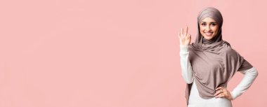 Recommended. Smiling muslim woman in hijab showing ok sign gesture, posing over pink background and looking at camera, free space