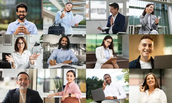 stock image A diverse group of professionals is actively participating in various virtual meetings within modern office environments. From smiling faces to engaged expressions, individuals showcase their focus