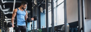 Mavi kolsuz tişörtlü bir adam, iyi aydınlatılmış bir spor salonunda halterli bisepsler yapıyor.