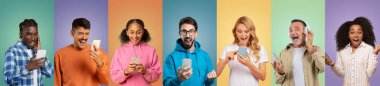 Her biri akıllı telefon tutan sekiz arkadaştan oluşan bir grup, parlak renkli bir iç mekan ortamında heyecan ve neşe ifade ediyor. Animasyon tepkileri, paylaşılan mutluluk ve bağlantı anlarını yansıtır..