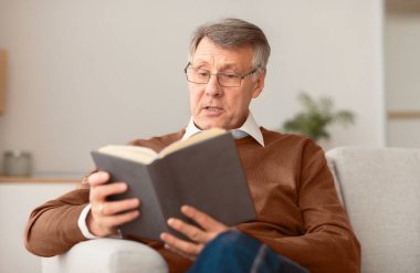 Emekli adam kitap okuyor. Hafta sonu evdeki kanepede oturuyor. Emeklilik aktiviteleri. Seçici odak